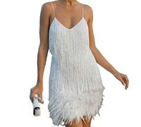 Pulcykp Damen Quaste Abendkleid Tiefer V Sling Cocktailkleid Pailletten Federkleid, weiß, Small