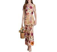 Pulcykp Damenkleid mit Spitzenstickerei, Ballkleid, 3D-Blume, kurzärmelig, Fischschwanzkleid, Party, figurbetontes Midikleid, aprikose, S