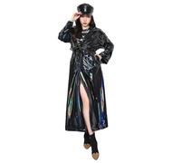 Pulcykp Herbst-langer glänzender reflektierender dehnbarer weicher PVC-Leder-Trenchcoat für Frauen-Europäer, Holografisches Schwarz, 54