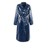 Pulcykp Lange Weiche Dünne Glänzende Reflektierende Lack Faux Leder Trenchcoat Für Frauen Schärpen Europäischen Mantel, blau, 46