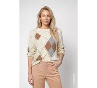 Strickpullover MONARI "Pullover Rauten Ajour", Damen, Gr. 44, beige (weiß), Strick, Obermaterial: 60% Baumwolle, 40% Polyacryl, Rautenmuster, regular fit taillenbedeckt, Rundhals, eingesetzt Rippstric