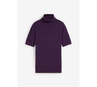 Kurzarmpullover BONPRIX "Rollkragenpullover, Kurzarm", Damen, Gr. 44/46 (L), lila (dunkellila), Feinstrick, Obermaterial: 70% Baumwolle, 30% Polyamid, unifarben, slim fit hüftbedeckend, Rundhals, Stri