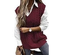 Pullover Damen Ärmelloser Weste Pullunder V-Ausschnitt Pullover Strickweste Strickpullover Sweater Vest Vintage Tank Top (Rot, XXL)