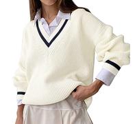 Pullover Damen, Damen Pullover V-Ausschnitt Strickpullover Lässig Oversize Sweater Langarm Warm Sweatshirt Winter Casual Lose Pulli Oberteile Patchwork Elegant Strickpulli Tops