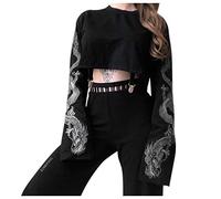 Pullover Damen Drachen Print Kurz Sweatshirt Mode Y2k Langarmshirt Rundhals Langarm Pulli frü Frauen Casual Lässig Sport Oberteile Herbst Winter Top