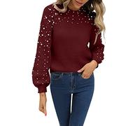 Pullover Damen Elegant, Langarmshirt Damen Elegant Festlich Strickpulli Mit Perlen Einfarbig Stehkragen Hemdbluse Klassischer Casualshirt Lässige Strickpullover Tunika Bluse Strick-Winterpullover