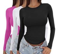 Pullover Damen elegant,Pack of 3 Basic Long Sleeve Shirt Women's Y2K Top Slim Fit Tight Black White Crew Neck Undershirt Elegant Sexy Tops Cropped Casual Going Out Athletic Top Teenager Streetwear