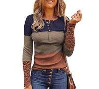 Pullover Damen Elegant - Spitzen Oberteile Henley Langarmshirt Damen Stricktop T Shirt U-Ausschnitt Knopfleiste Langarm Bluse Basic Pulli Tunika Slim Fit Gerippte Gestrickte Tops für Damen