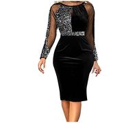 Pullover Damen elegant Weihnachts Kleider Frau Glitzer Samt Tüll Patchwork Knielang Kleid Bodycon Rundhals Langarm Kleid Slim Fit Party Samtkleid (Schwarz ， 5XL)