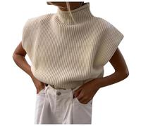 Pullover Damen Flügelärmeln Rollkragenpullover Rippstrick Pullunder Tank Top Elegant Pulli Oberteile Kurzarm Grobstrickpullover Y2K Rollkragen Strickpullover Einfarbig Loose Strickpullunder (Beige, L)