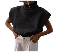 Pullover Damen Flügelärmeln Rollkragenpullover Rippstrick Pullunder Tank Top Elegant Pulli Oberteile Kurzarm Grobstrickpullover Y2K Rollkragen Strickpullover Einfarbig Loose Strickpullunder(Schwarz,M)