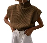 Pullover Damen Flügelärmeln Rollkragenpullover Rippstrick Pullunder Tank Top Elegant Pulli Oberteile Kurzarm Grobstrickpullover Y2K Rollkragen Strickpullover Einfarbig Loose Strickpullunder (Brown, M)