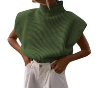 Pullover Damen Flügelärmeln Rollkragenpullover Rippstrick Pullunder Tank Top Elegant Pulli Oberteile Kurzarm Grobstrickpullover Y2K Rollkragen Strickpullover Einfarbig Loose Strickpullunder (Grün, M)