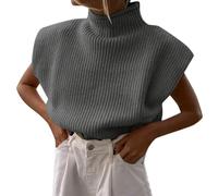 Pullover Damen Flügelärmeln Rollkragenpullover Rippstrick Pullunder Tank Top Elegant Pulli Oberteile Kurzarm Grobstrickpullover Y2K Rollkragen Strickpullover Einfarbig Loose Strickpullunder (Grau, S)