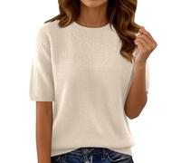 Pullover Damen Frühling, Kurzarmpullover Halbarm Strickpullover 2026 Mode Rundhalsausschnitt Kurzarm Strickshirt Elegant Leicht Sommer Pulli, Beige, XXL