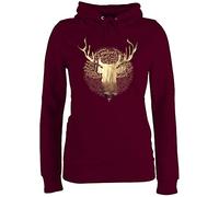Pullover Damen Hoodie Frauen - Kompatibel mit Oktoberfest - Hirsch Motiv Geschenk Jäger I Hirschgeweih Tracht - XS - Burgundrot - trachtenpulli trachtenhoody bayrische jaeger pulli oktober trachten