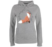Pullover Damen Hoodie Frauen - Tiere Meerschweinchen Hase & Co. - Fuchs Fox Gechenk - L - Grau meliert - fuchspullover mit Tieren tiermotiv Kita Hoddies Tier Animal fuchsmotiv Pulli Print tiermotive