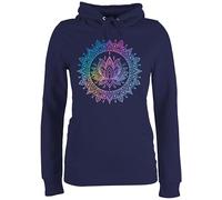 Pullover Damen Hoodie Frauen - Yoga - Mandala Lotusblume I Spirituelle Meditation I Pilates Lotus Entspannung - M - Navy Blau - joga wellness geschenke spirituell fans lotusblüte für blume alles