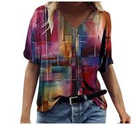 Pullover Damen Oversized T-Shirt Damen Farbblock Kurzarm Shirt Gedruckt V-Ausschnitt Sexy Blusen mit Spitze, Female Tasten Sommer Eleganter Casual Langarm Tshirt Sweatshirt Oberteile Bluse