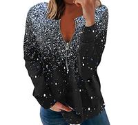 Pullover Damen Pailletten Drucken Zipper V-Ausschnitt Glitzer Oberteile Sweatshirt Langarmshirt Oversize T Shirt Langarm Lockere Lässig Langarmshirts für Frauen Party Oberteil Tunika Top Sportshirt