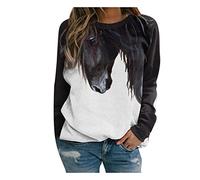 Pullover Damen Rundhals Langarmshirt Sweatshirt mit lustige Pferd Druck Langarm T Shirt Lässiges Große Größen Langarmshirts für Frauen Oberteile Lockere Elegant Tunika Top Bluse Sportshirt Longshirt