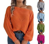 Pullover Damen Schulterfrei Einfarbig Langarm Häkelpullover Casual Elegant Strickpullover Hollow Out Cutout Off Schulter Loser Pulli Oberteile Tops Solide Sweatshirt 3 4 Basic Herbst Winter
