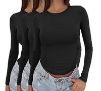 Pullover Damen schwarz,Pack of 3 Basic Long Sleeve Shirt Women's Y2K Top Slim Fit Tight Black White Crew Neck Undershirt Elegant Sexy Tops Cropped Casual Going Out Athletic Top Teenager Streetwear