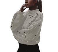 Pullover Damen Stehkragen Strickpullover Oversize Pulli Langarm mit Perle Rundhals Warm Dicker Strickpulli Gestrickte Tops Strick Shirt Sweater für Frauen Herbst Winter