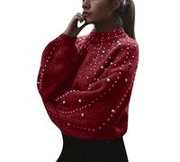 Pullover Damen Stehkragen Strickpullover Oversize Pulli Langarm mit Perle Rundhals Warm Dicker Strickpulli Gestrickte Tops Strick Shirt Sweater für Frauen Herbst Winter