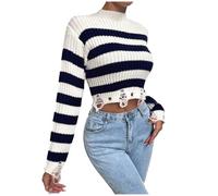 Pullover Damen Strick Gestreifter Farbblock Pulli Rundhalspullover Lässiges Zerrissener Kurz Strickpullover Warm Outwear Weicher Langarm Casual Winterpullover Plüsch Lockerer Winter Oberteile