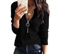 Pullover Damen V-Ausschnitt 3/4 Zip Sweatshirt Waffel-Strickpullover Sexy Kurze Langarmshirt Pulli T Shirt Langarm Sweater Blusen & Tuniken für Frauen Oberteile Tunika Top Bluse Hemden Tee