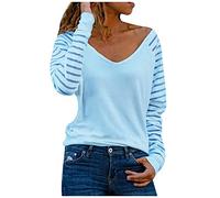 Pullover Damen V Ausschnitt Langarmshirt ohne Kapuze Casual Lose Sweatshirt Streetwear Gestreift Elegant Oberteile Langarm T Shirt Basic Sport Shirts 2023 Herbst Winter Tunika Tops