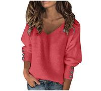 Pullover Damen V Ausschnitt ,Strickpullover Damen Elegant,Pulli Damen Strick Langarm Locker Gestrickte Tops T-Shirt mit Knöpfen Ärmel Sweater Lässig Strickpulli Langarmshirts für Frauen Herbst Winter