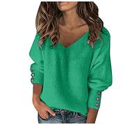 Pullover Damen V Ausschnitt ,Strickpullover Damen Elegant,Pulli Damen Strick Langarm Locker Gestrickte Tops T-Shirt mit Knöpfen Ärmel Sweater Lässig Strickpulli Langarmshirts für Frauen Herbst Winter