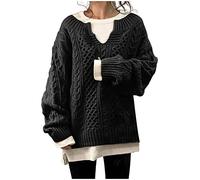 Pullover Damen V Ausschnitt -Strickpullover Damen Oversize Strickpulli Winter Langarmshirt Elegant Stricken Pulli Langarm Winterpulli Vintage Grobstrickpullover mit Strickmuster Frauen