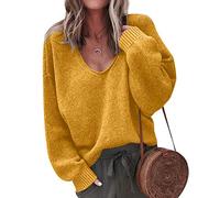 Pullover Damen V Ausschnitt Strickpullover Oversize Pulli Strick Winterpullover Pullis Schicke Kuschelpullover Frauen Sweater Feinstrickpullover Kuschelpulli Strickpullis Winterpullis Winter Gelb XL