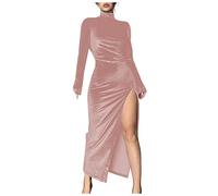 Pullover Damen Winter Christmas Dress Samt Split Rollkragen Midi Kleid Vintage Slim Fit Langarm Kleid Winter Party Einfarbig Samtkleid (Rosa ， S)