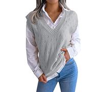 Pullover Damen Winter Elegant Ärmellose Strickweste mit V-Ausschnitt für Damen im College-Stil Strickjacke Kurz Arm (Grey, M)