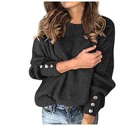 Pullover Damen Winter Elegant, Strickpullover Damen Oversize Schwarz, Pulli Strick Feinstrickpullover Rundhals Winterpullover Mit Knöpfen Langarm Oberteile Baggy Sweatshirt Weich Kuschelpullover
