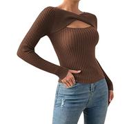 Pullover Damen Winter -Strickpullover Damen Eng Strickpulli Herbst Cut Out Langarmshirt Sexy Pulli Langarm Winterpulli Einfarbig Oberteil Slim Fit Tops Y2K Sweatshirt für Frauen Herbst
