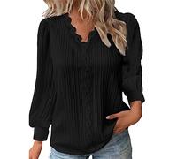 Pullover Damen,Women's Elegant V-Neck Long Sleeve Blouse Lace Pleated Long Sleeves Womens Tops Autumn Basic Pullover Tunic Casual Chic T-Shirt Plain Undershirt Going Out Streetwear Black