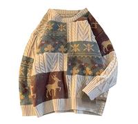 Pullover Damen Y2K Vintage Geometrische Plaid Sweater Langarm Loose Rundhals Strickpullover Casual Sweatshirt Pulli Herren Strickpullover College Strickpulli Retro Winter Mode Pullover Oberteile