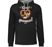 Pullover Frauen Hoodie Kontrast zweifarbig - Kompatibel Oktoberfest - Zack aufgebrezelt Brezel mit Edelweiß I Trachtenshirt Volksfest Trachten Outift Damen Trachtenoutfit Herren - M - Schwarz/Grau