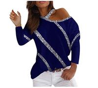 Pullover Frauen Langarm Loose Off Schulter Lässig Bright Gold T-Shirt (XL,11Blau)