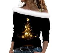 Pullover Für Damen Weihnachten 3D Druck Plüsch Schulterfrei Langarm Pulli Shirt Mit Schulterriemen Xmas Weihnachtspullover Weihnachtspulli Mädchen Christmas Sweatshirt Herbst Lässiges Oberteile