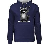 Pullover Herren Frauen Hoodie Kontrast zweifarbig - Damen - Retro Waschbär Rocker lustig I Lustiges Rock Musik Geschenk Waschbären I Funny Rock Star Raccoon Geschenk Metal Racoon - XL - Navy