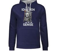 Pullover Herren Frauen Hoodie Kontrast zweifarbig - Sprüche Statement mit Spruch - So viele Idioten und nur eine Sense - Sarkasmus Guten Morgen Kollegen Geschenk - 5XL - Navy Blau/Grau meliert