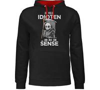Pullover Herren Frauen Hoodie Kontrast zweifarbig - Sprüche Statement mit Spruch - So viele Idioten und nur eine Sense - Sarkasmus Guten Morgen Kollegen Geschenk - L - Schwarz/Rot - totenkopf damen