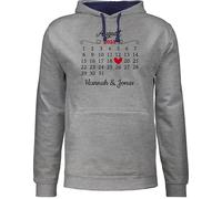 Pullover Herren Frauen Hoodie Kontrast zweifarbig - Valentinstag Partner Liebe Personalisiert mit Namen und Datum für Paare - 3XL - Grau meliert/Navy Blau