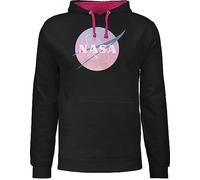 Pullover Herren Frauen Hoodie Kontrast zweifarbig - Weltall - NASA Logo I Geschenk Weltraum Fan - M - Schwarz/Fuchsia - Space Damen